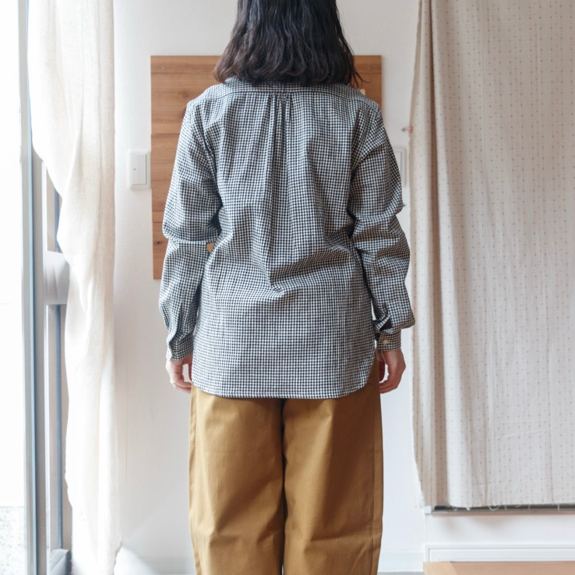 ASEEDONCLOUD Handwerker コットンリネン ノーカラーシャツ ギンガム｜251616