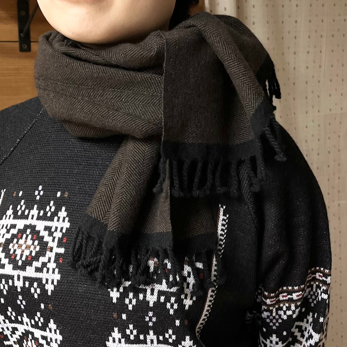 【atdusk】no2 カシミヤストール herringbone｜ヘリンボーン柄 黒×チョコレート 受注生産 日本製