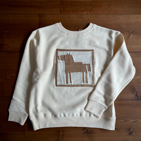 ASEEDONCLOUD okunensha sweatshirt (品番:262801) アイボリー・正面全体の馬柄パッチワークキルトスウェットシャツ